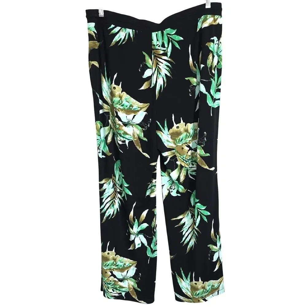 Lauren Ralph Lauren Womens Sz 2X Black Green Tropical Pockets Wide Leg Pants